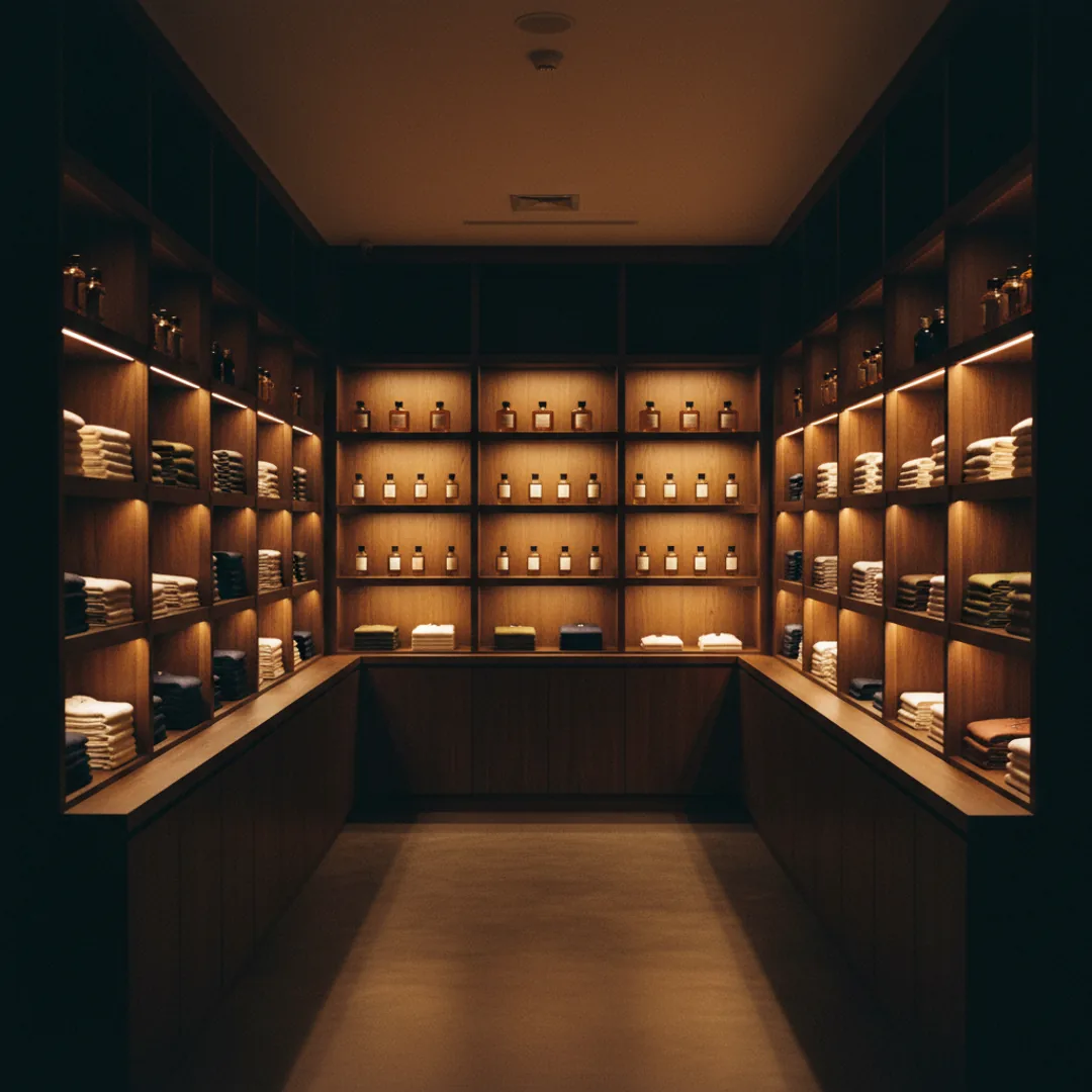 Intérieur du showroom, rayonnages et lumière chaude